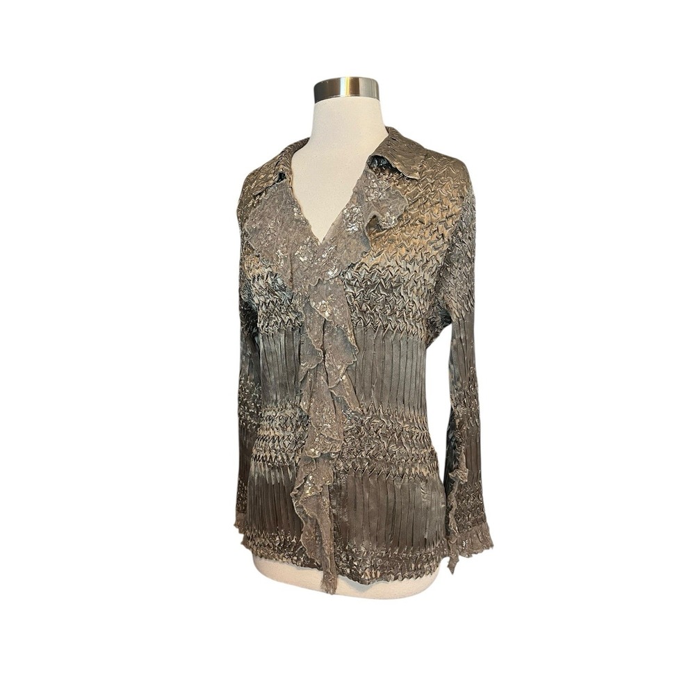 KOMAROV Crinkle Lace Top XL Taupe Puckered Satin Ruffle Blouse